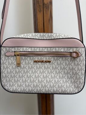 Michael Kors Beige Logo Crossbody with Pink Trim
